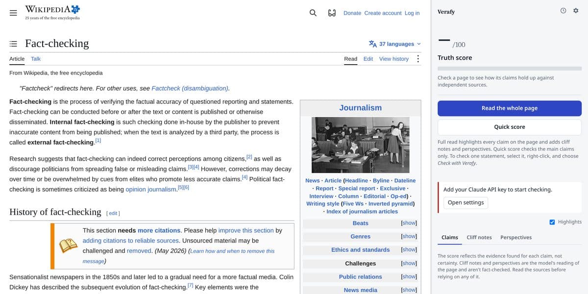 The Verafy Fact-Checker side panel open next to a Wikipedia article