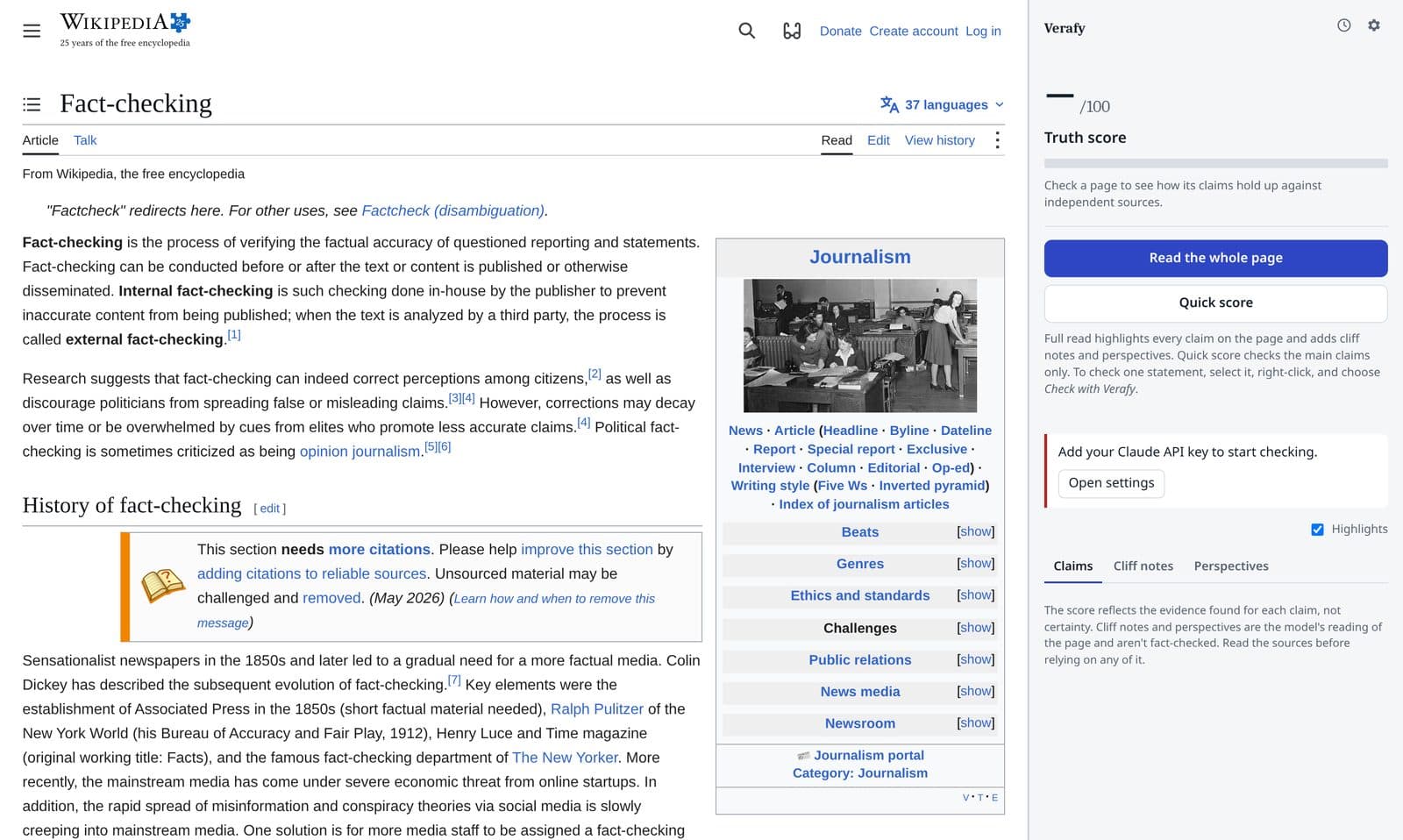 The Verafy Fact-Checker side panel open next to an article